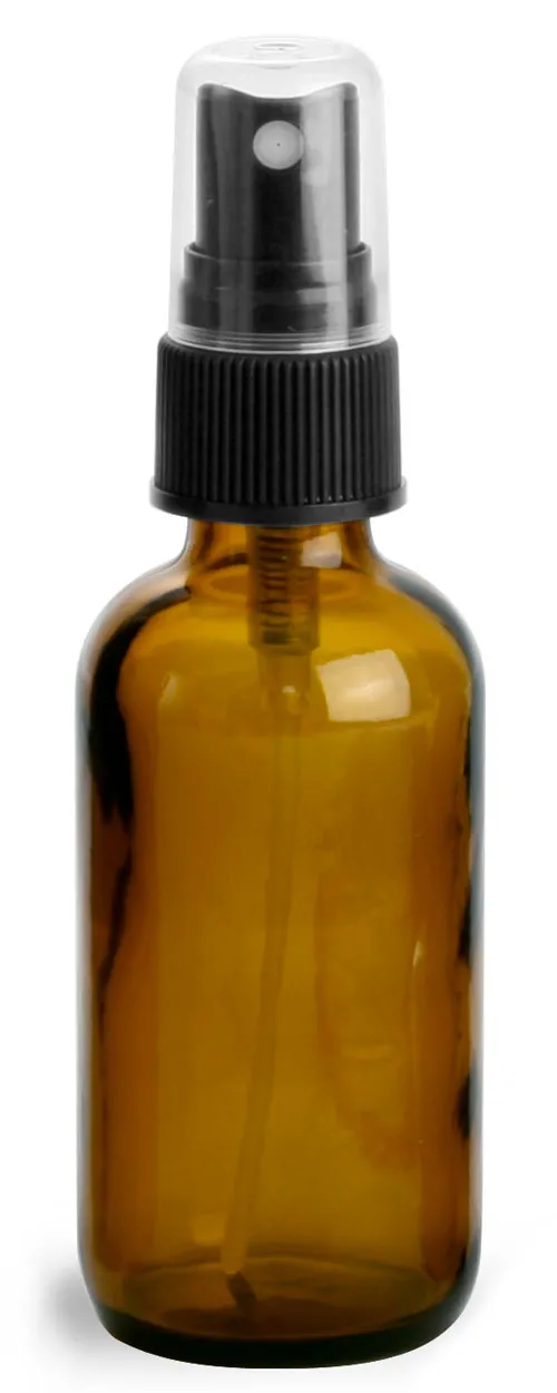2 oz        Amber Glass Round Bottles w/ Black Fine Mist Sprayers