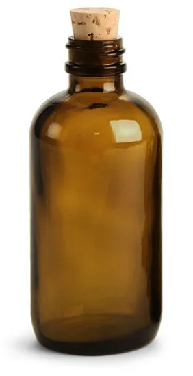 Amber Glass Bottles, Boston Round Bottles w/ Cork Stoppers