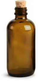 Amber Glass Bottles, Boston Round Bottles w/ Cork Stoppers 