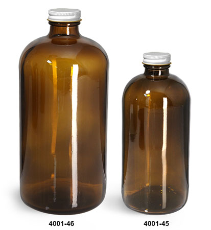 Glass Bottles, Amber Glass Boston Round Bottles w/ White Metal Plastisol Lined Caps