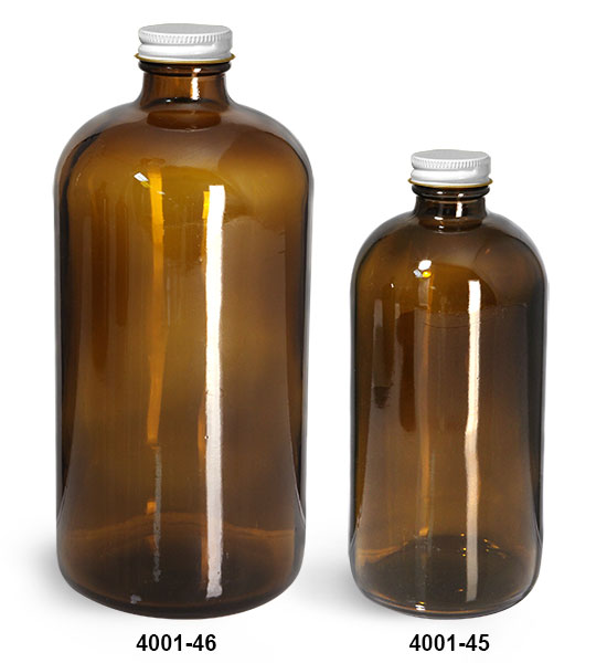 Glass Bottles, Amber Glass Boston Round Bottles w/ White Metal Plastisol Lined Caps
