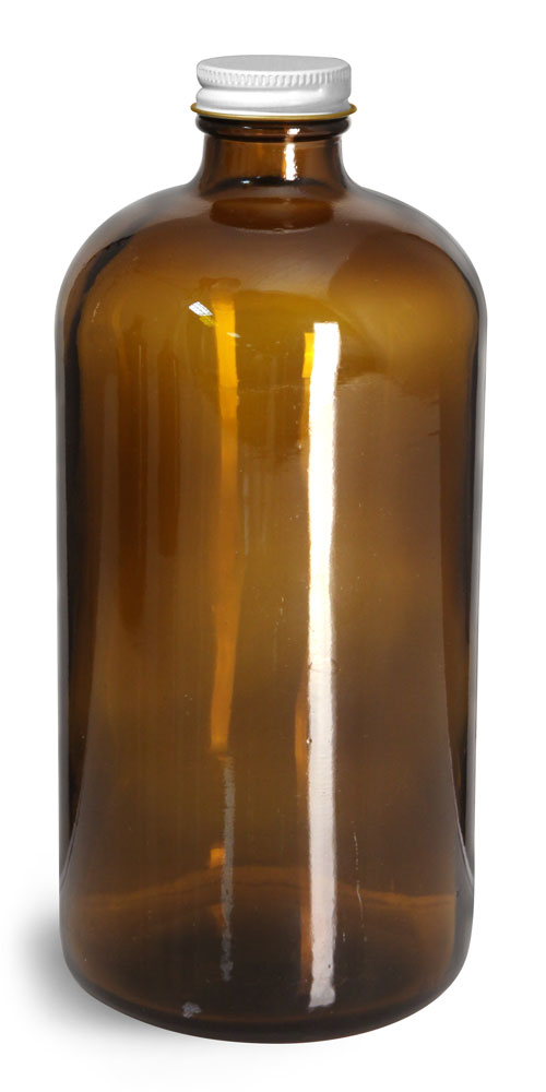 32 oz Glass Bottles, Amber Glass Round Bottles w/ White Metal Plastisol Lined Caps