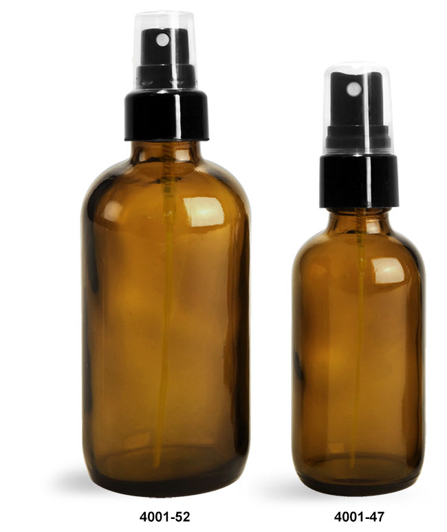 Glass Bottles, Amber Glass Boston Round Bottles w/ Smooth Black Fine Mist Sprayers