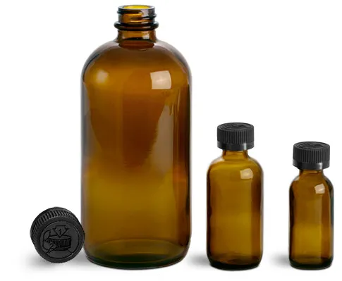 Amber Glass Bottles, Boston Round Bottles w/ Black Child Resistant Lined Caps