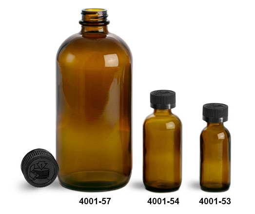 Glass Bottles, Amber Glass Boston Round Bottles w/ Black Child Resistant Lined Caps
