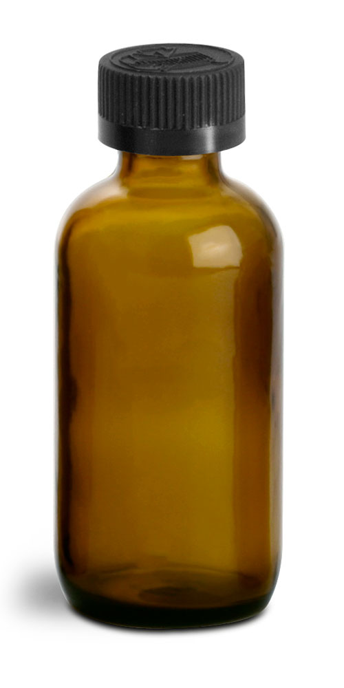 2 oz Glass Bottles, Amber Glass Boston Rounds w/ Black Child Resistant Lined Caps