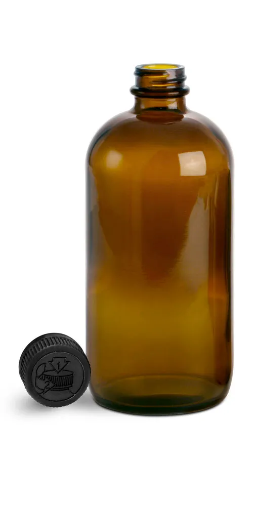 16 oz Glass Bottles, Amber Glass Boston Rounds w/ Black Child Resistant Lined Caps