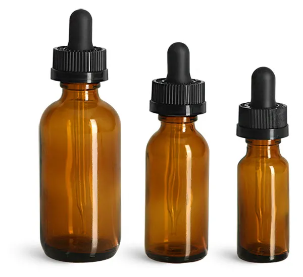 Amber  Boston Round Bottles w/ Child Resistant Glass Droppers