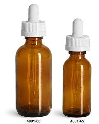 Glass Bottles, Amber Glass Boston Round Bottles w/ White Child Resistant Glass Droppers