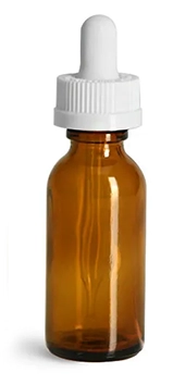 Amber Glass Bottles, Boston Round Bottles w/ White Child Resistant Glass Droppers