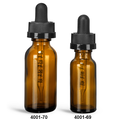 Glass Bottles, Amber Glass Boston Round Bottles w/ Child Resistant Graduated Glass Droppers