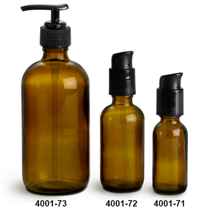 Glass Bottles, Amber Glass Boston Round Bottles w/ Black Pumps