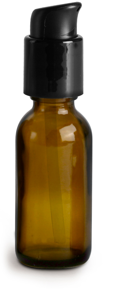 1 oz Amber Glass Boston Round Bottles w/ Black Treatment Pumps