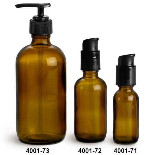 Glass Bottles, Amber Glass Boston Round Bottles w/ Black Pumps