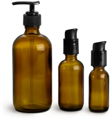  Amber Glass Bottles, Boston Round Bottles w/ Black Pumps 