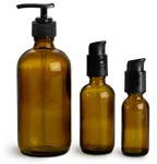 Amber Glass Bottles, Boston Round Bottles w/ Black Pumps