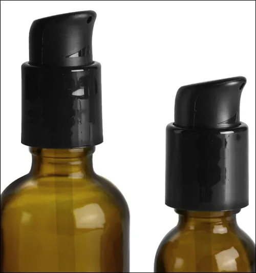  Amber Glass Bottles, Boston Round Bottles w/ Black Pumps 