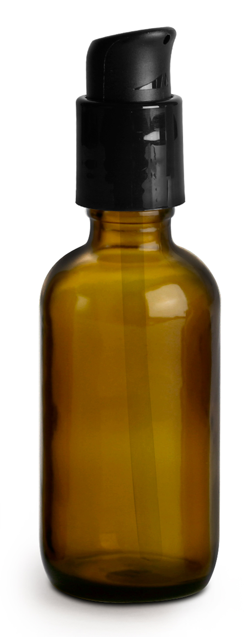 2 oz Amber Glass Boston Round Bottles w/ Black Treatment Pumps