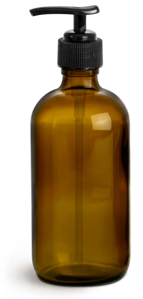 8 oz  Amber Glass Boston Round Bottles w/ Black Lotion Pumps