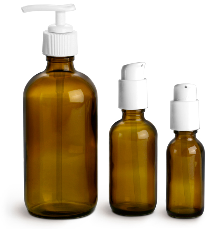 Amber Glass Boston Round Bottles w/ White Pumps