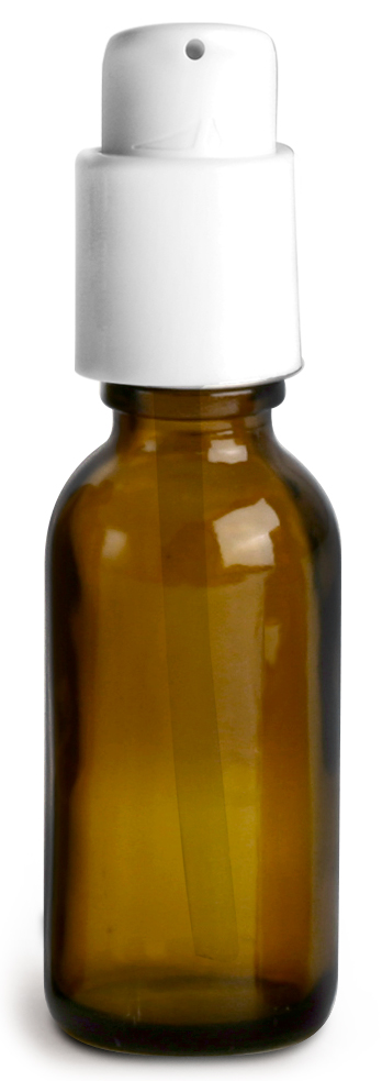 1 oz  Amber Glass Boston Round Bottles w/ White Treatment Pumps