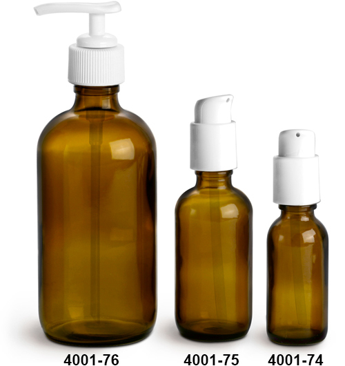 Glass Bottles, Amber Glass Boston Round Bottles w/ White Pumps