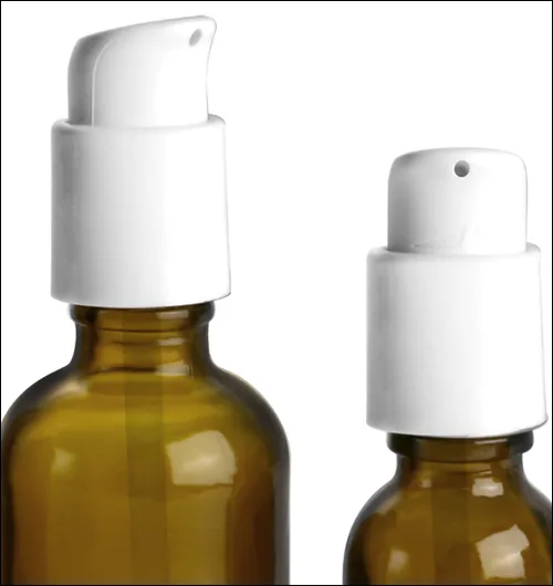  Amber Glass Boston Round Bottles w/ White Pumps 