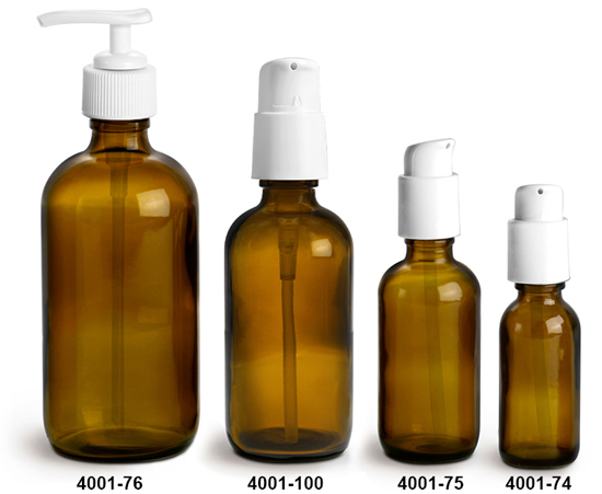 Glass Bottles, Amber Glass Boston Round Bottles w/ White Pumps