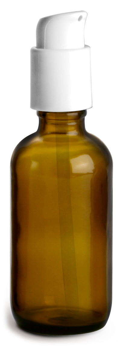 2 oz Amber Glass Boston Round Bottles w/ White Treatment Pumps
