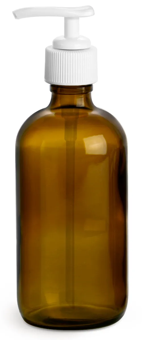 8 oz Amber Glass Boston Round Bottles w/ White Lotion Pumps