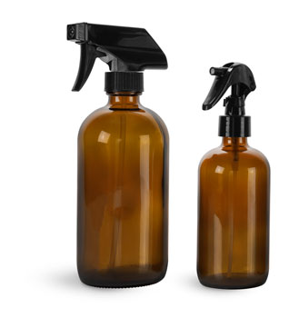Glass Bottles, Amber Glass Boston Round Bottles w/ Black Trigger Sprayers