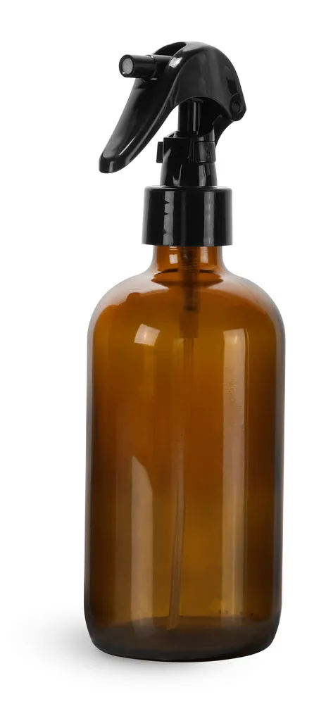 8 oz Amber Glass Boston Round Bottles w/ Black Polypropylene Mini Trigger Sprayers