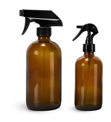 8 oz Amber Glass Boston Round Bottles w/ Black Polypropylene Mini Trigger Sprayers