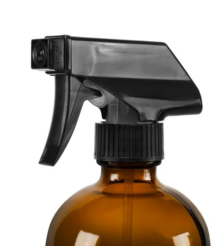 8 oz Amber Glass Boston Round Bottles w/ Black Polypropylene Mini Trigger Sprayers