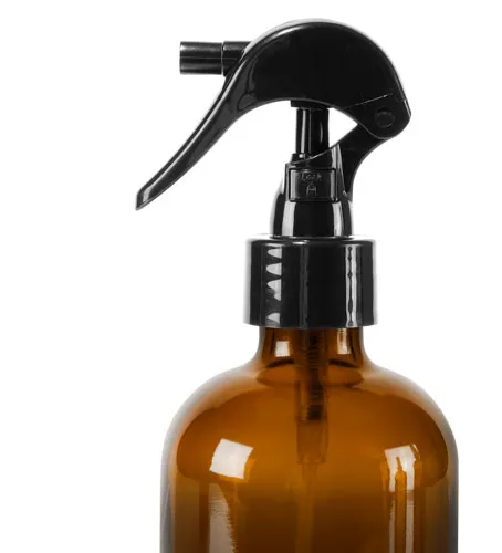 8 oz Amber Glass Boston Round Bottles w/ Black Polypropylene Mini Trigger Sprayers