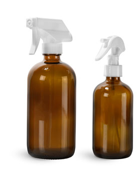 Glass Bottles, Amber Glass Boston Round Bottles w/ White Trigger Sprayers