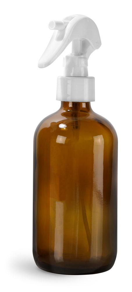8 oz Amber Glass Boston Round Bottles w/ White Polypropylene Mini Trigger Sprayers