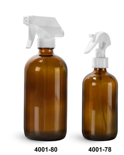 Glass Bottles, Amber Glass Boston Round Bottles w/ White Trigger Sprayers