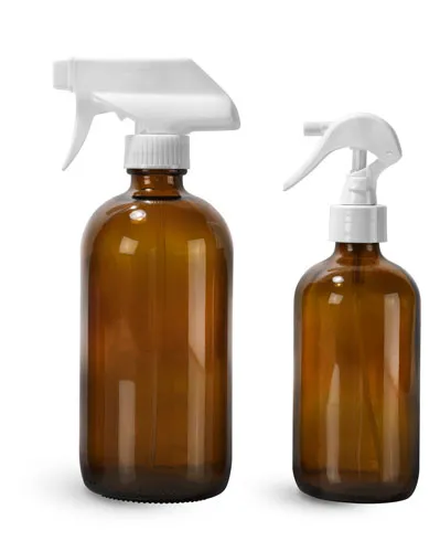 Amber Glass Bottles, Boston Round Bottles w/ White Trigger Sprayers 
