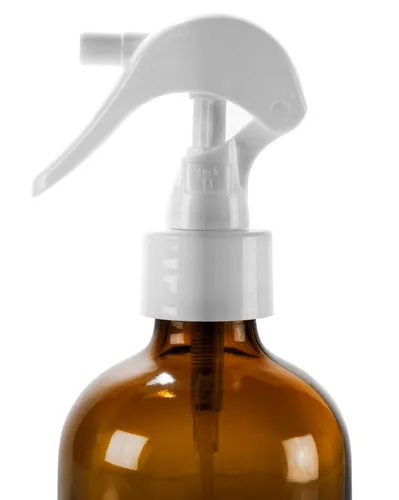 Amber Glass Bottles, Boston Round Bottles w/ White Trigger Sprayers 