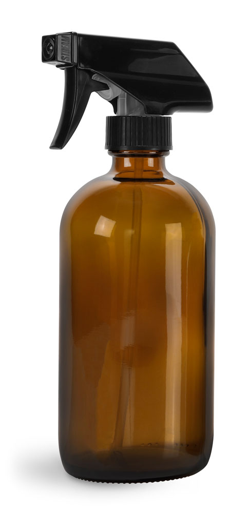 16 oz Amber Glass Boston Round Bottles w/ Black Polypropylene Trigger Sprayers