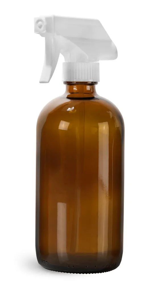 16 oz Amber Glass Boston Round Bottles w/ White Polypropylene Trigger Sprayers