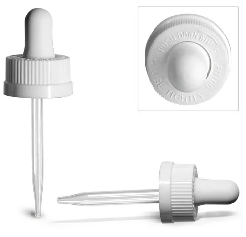 Blue Plastic Bottles, 1 oz PET Cosmo Round Bottles w/ White Child Resistant Droppers 