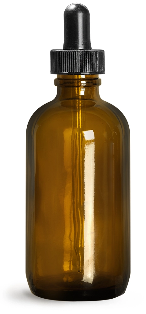 4 oz Amber Glass Boston Round Bottles w/ Black Bulb Glass Droppers