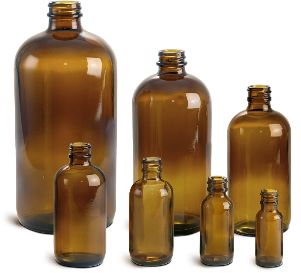 Amber Glass Round Bottles (Bulk), Caps NOT Included