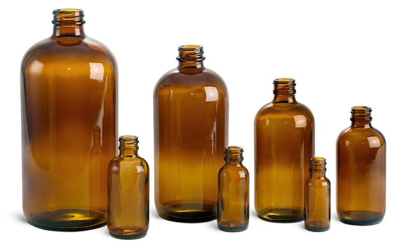 Amber Glass Round Bottles (Bulk), Caps NOT Included