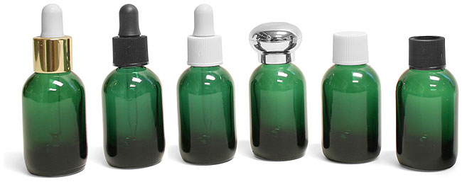 Green Glass Round Bottles w/ Caps