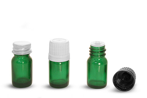Green Glass Round Bottles w/ Caps