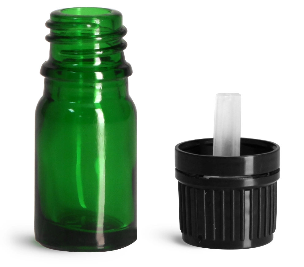 5 ml Glass Bottles, Green Glass Euro Dropper Bottles w/ Black Tamper Evident Caps & Orifice Reducers