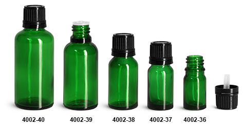 Glass Bottles, Green Glass Euro Dropper Bottles w/ Black Tamper Evident Caps & Orifice Reducers